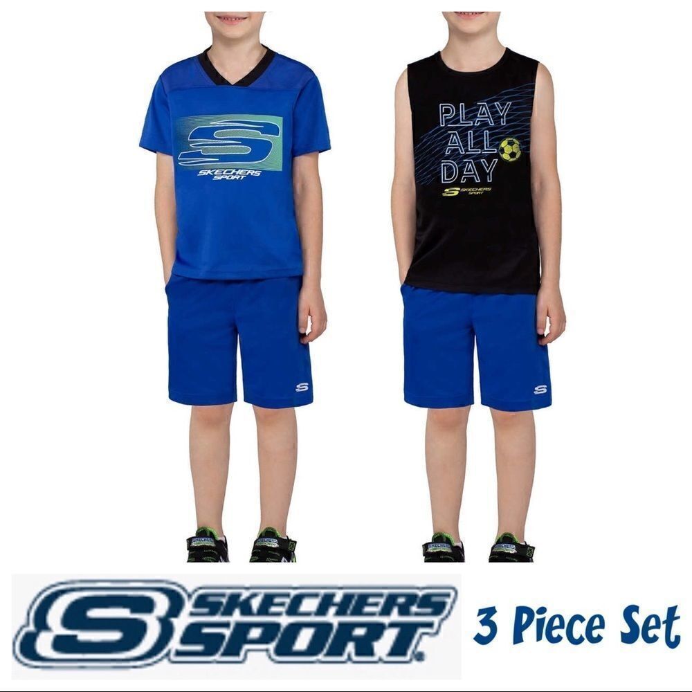 NEW! NWT SKECHERS Boys Kids 3 piece Active Sport Set in Color Blue and Black